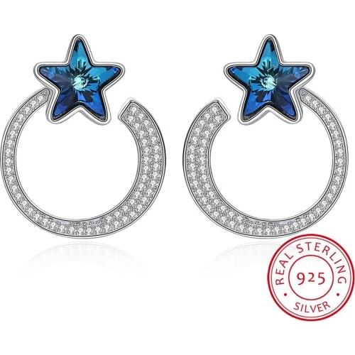 LEKANI Trendy Circle Star Stud Earrings For Women Fine Jewelry Crystals Real 925 Silver Hanging Piercing