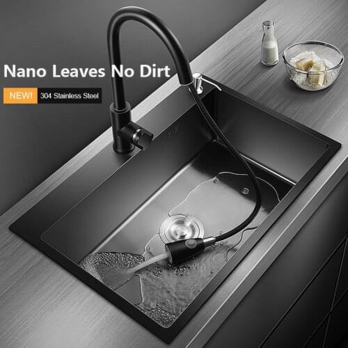 Black Kitchen Sink Topmount 304 Stainless Steel Basin Faucet Sink Suit Single Bowl Manual Sink Seamless Welding Pia