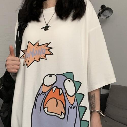 Harajuku style loose cartoon crash dinosaur monster short-sleeved T-shirt men and women wild cotton t-shirt