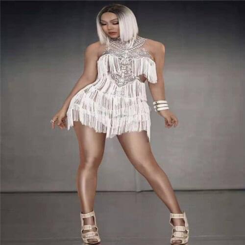 T15 Singer stage wears dance costume white tassel bofysuit women performance Latin outfit 3D printing dress clothe bar show wear