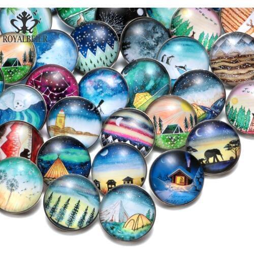RoyalBeier 50pcs/lot Silent Village Pattern Beautiful Mixed Glass Charms 18mm Snap Button For 20mm Snap Bracelet Snap Jewelry