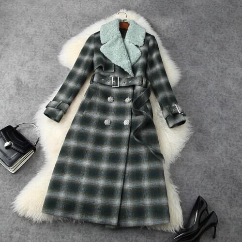 European and American womens winter wear 2020 new style Long-sleeved suit with double breasted collar Fashionable plaid coat
