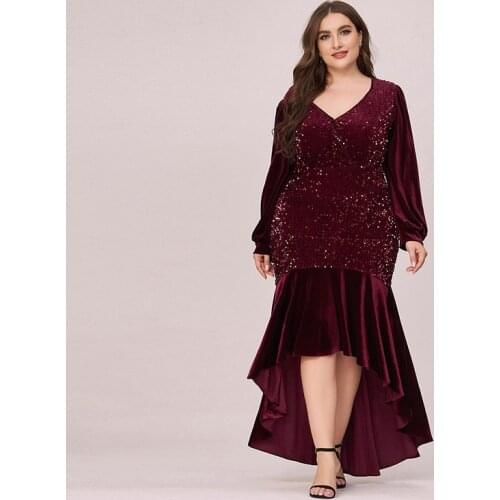 Evening Dress Burgundy V-Neck Ruched Mermaid Elegant Sequins Velour Full Sleeves Tea-Length Plus Size Women Formal Gowns D1022