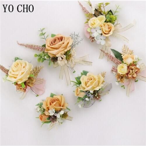 YO CHO Artificial Silk Rose Flowers Champagne Groom Boutonniere Girl Wrist Corsage Man Wedding Flowers Suit For Party Decoration