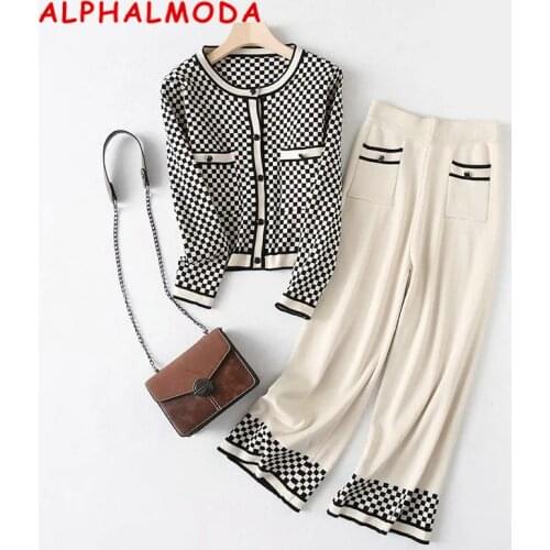 ALPHALMODA 2021 Spring Winter Womens Round Collar Single Breasted Plaids Cardigans Straight Leg Pants 2pcs Fashion Suit