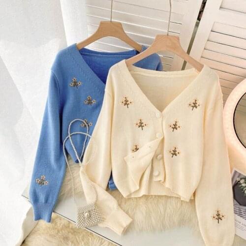 2021 Autumn Women Cardigans Long sleeves V Neck Vintage Embroidery Knitted Cardigan Jacket Sweet Short Knit Sweater Coat