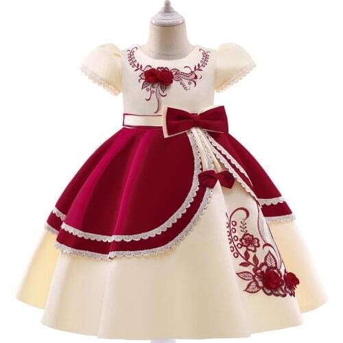 2021 Girls Dress Girls Short Sleeves Ballgown Dress Cute Lovely Red Satin Princess Ballgown Dress Toddler Girl Clothes
