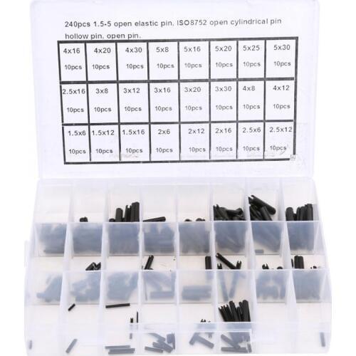 240Pcs 1.5/2/3/4/5mm Elastic Cylindrical Open Fixed Pin Carbon Steel Hollow Cotter Positioning Pin Dowel Tension Roll Spring Pin