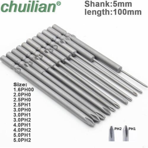 801 PH1 PH2 Shank 5mm Magnetic Round Phillips Cross Head Screwdriver Bit Set Hand Tools Long 100mm