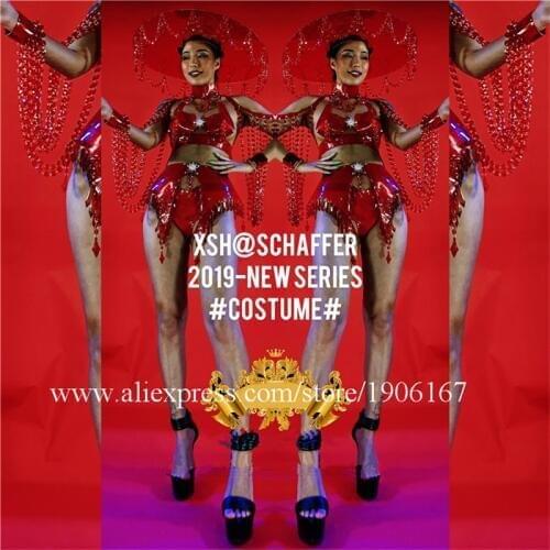 Ballroom party sexy lady clothes bikini dance suit bra headwear nightclub bar red pendant crystal dance team female costumes