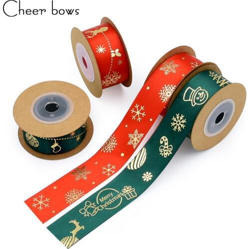Cheer Bows 5yards Christmas Ribbon 25mm Bronzing Satin Ribbon For Christmas Decor Gift Wrapping DIY Handmade Crafts Supplier