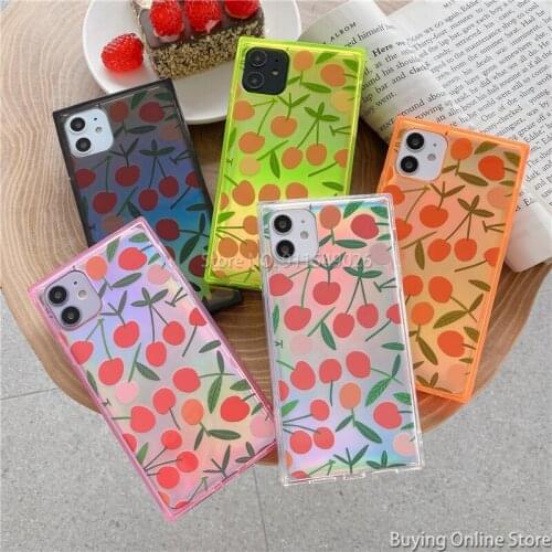 Laser Card Cherry Tulip Flower Cover for iPhone 12 Pro Max XS XR X 12Mini 11 SE 2020 7 8 6 6S Plus Soft Clear Straight Edge Case