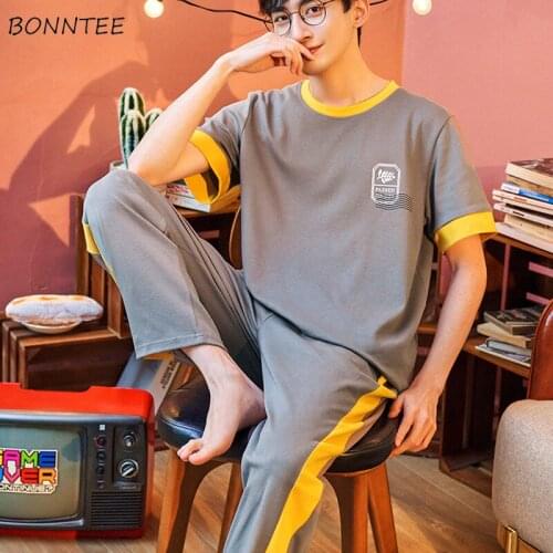 Men Pajama Sets O-neck Short Sleeve Cotton Comfortable Loose Leisure Ulzzang Lovely Elastic Waist Sleepwear Trendy Chic L-3XL