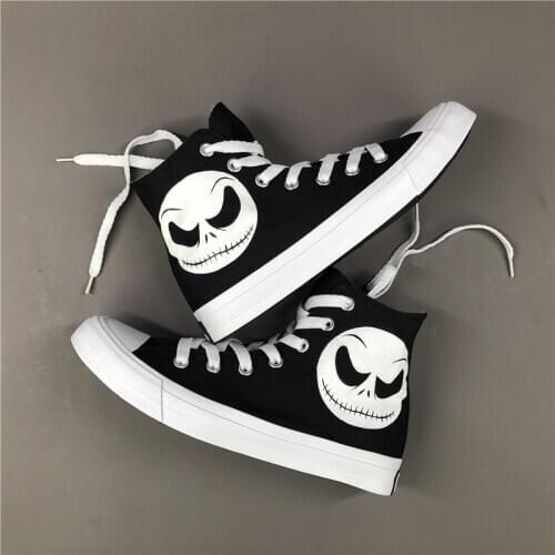 Wen Hand Painted Shoes Women Men Nightmare Before Christmas Skull Jack Skelli Head High Top Black Sneakers Canvas Flat Unisex