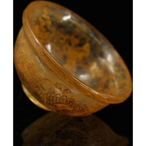 China Antique Tibet old crystal hand carved dragon phoenix Offering Water Bowl