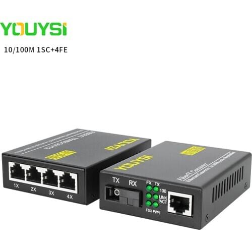 YOUYSI 1 pair 10/100Mbps Media Converter 1 port RJ45 1 port SC + 4 port RJ45 1 port SC Single Mode Optic Fiber