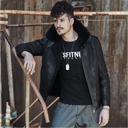 Mens New Style Shearling Sheepskin Coat B3 Bomber Jacket Short Style Black Winter Warm Clothing
