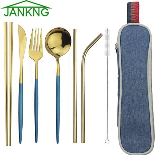 Dinnerware Set Portable Cutlery Set For Travel Camping 304 Stainless Steel Silverware with Metal Straw Chopsticks and Case