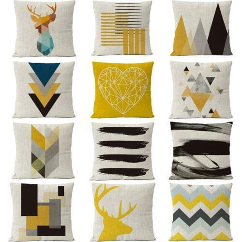 Nordic Yellow Black Geometric Pillow Cover Deer Bird Cushion Cover Home Decorative Throw Pillows Linen Pillow Case sofa pillow
