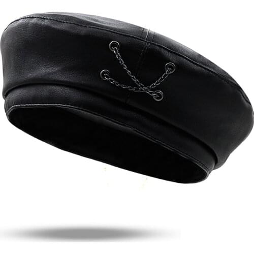 2022 New classic Girl vintage leather buckle PU leather Beret womens autumn and winter fashion easy match flat top painter cap