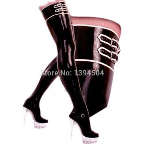 Cool hot women female handmade Latex black with white trim buckles zentai slim cekc Long Stockings Tight boots Socks Fetish