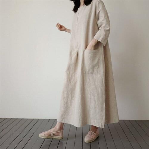 Simple Vintage Cotton Linen Long Dress Loose Solid Color Summer Autumn O-neck Wrist Sleeve Maxi Dresses Robes Mujer Pocket Split