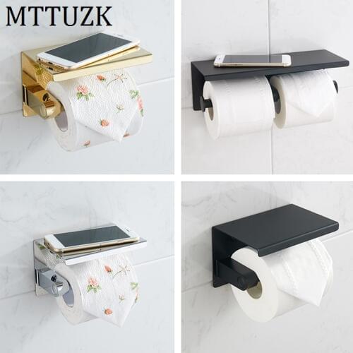 Simple Design Golden 304 Stainless Steel Toilet Paper Holder With Phone Shelf Bathroom Toilet Matte Black Roll Paper Holder