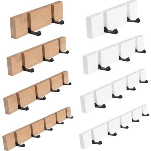 Folding Wooden Board Hooks Wall Hanger For Bathroom Bedroom Kitchen - White 5 Hooks