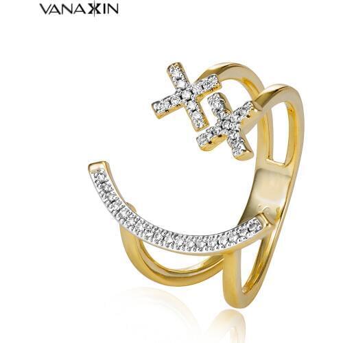 VANAXIN CZ Open Rings For Women Trendy Funny Smile Design Rings Fashion Statement Jewelry Gold Color Rhodium Plated Cubic Zircon