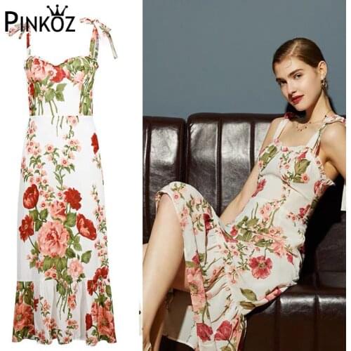 Pinnkoz vintage beach dress women floral boho mid dresses rose flower print spaghetti strap lace up holiday casual dresses