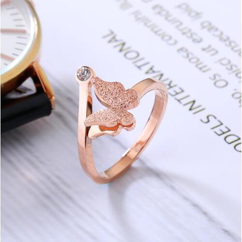 YUN RUO Top Brand Rose Gold Color Frosted Butterfly Ring for Woman Girl Wedding Jewelry Fashion 316L Stainless Steel Never Fade
