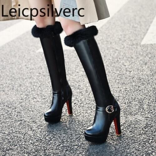Womens Boots New winter fashion Round head zipper plush High heel High tube Womens shoes plus size 33-48 Heel Height 11.5cm
