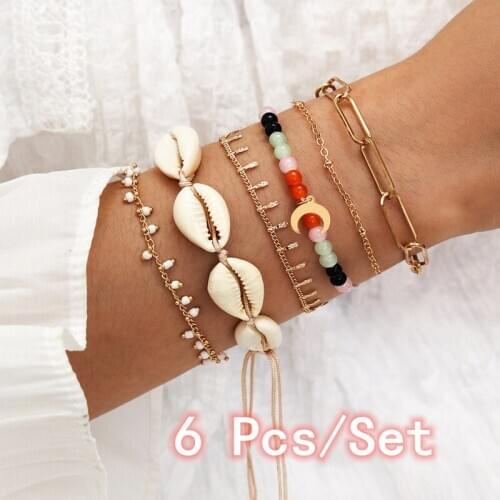 6 Pcs/Set Bohemian Ethnic Style Beads Moon Shell Bracelet Set Fashion Vintage Gold Chain Bracelet Set Jewelry Accessories