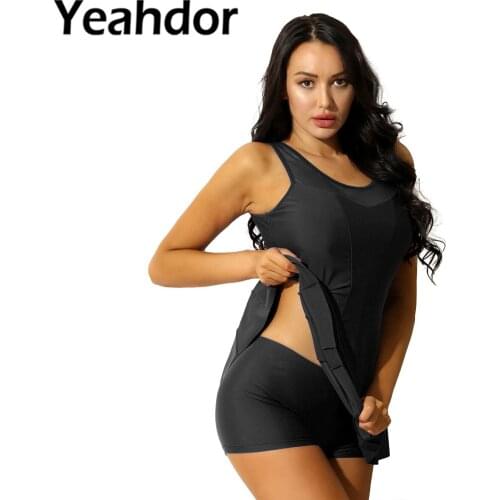 2PCS Women One Piece Swimwear Swimming Dress Bathing Suit Beachwear Strappy Tummy Control Swimdress Swimsuit with Boyshorts Set