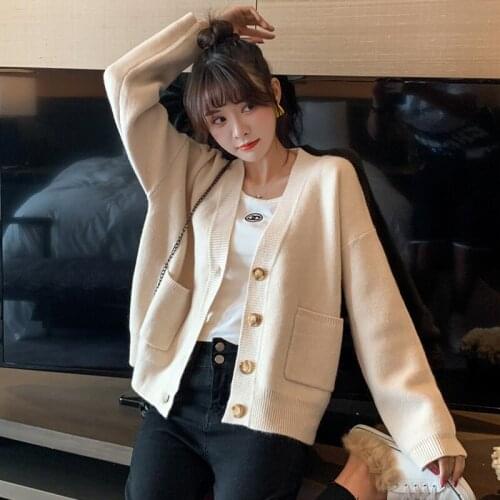Snordic Women Autumn Winter V Neck Beige Sweater Full Sleeve Single Breasted Loose Knitted Cardigan Coat Pockets