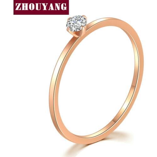 ZHOUYANG Ring For Women Simple Thin Titanium Steel 4 Craws Cubic Zirconia Rose Gold Color Birthday Gift Fashion Jewelry R825