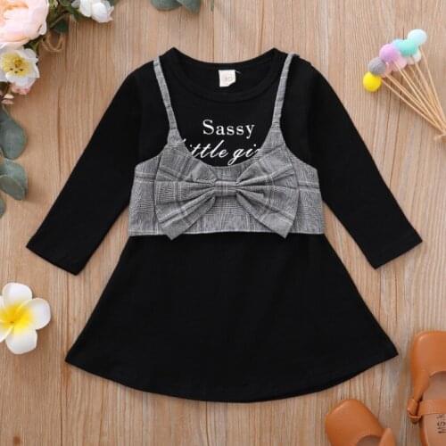 Girls Long Sleeve Dress and Camisole Fashion Letter Round Neck A-line Dress with Plaid Vest Spring Autumn