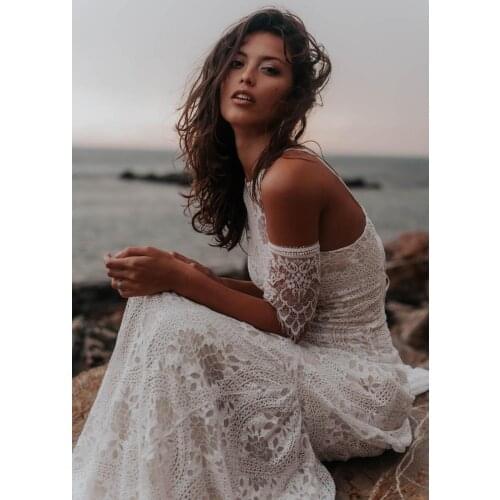 #10136 Sweep Train Boat Neck Sleeveless Bohemian Backless Lace Sheath Bridal Gown Simple plus size Mermaid Wedding Dress