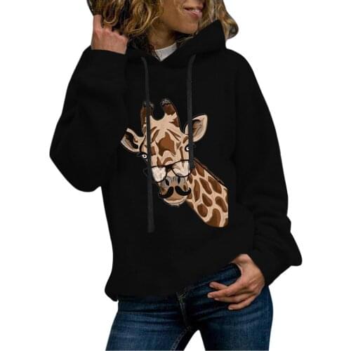 Winter Fleece Long Sleeve Sweatshirt Female Funny Giraffe Print Pullover Basic Drawstring Hooded Top Street O Collared Толстовка