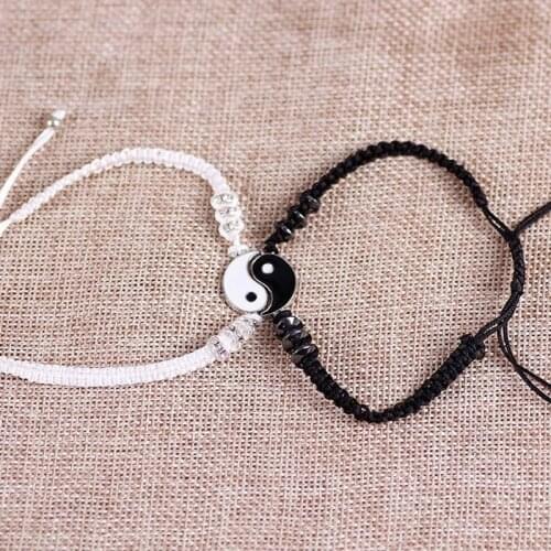 1Pair Couple Bracelet Hematite Leather Cord Braid Bracelet Chinese Yin Yang Chi Alloy Pendant Two-piece Woven Lover Bracelet