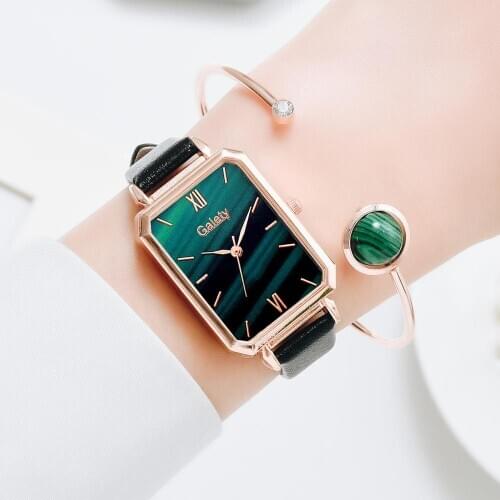 Gaiety Brand Fashion Women Watches Bracelet Set Green Dial Luxury Leather Quartz Watches Simple Black Ladies Watch reloj mujer