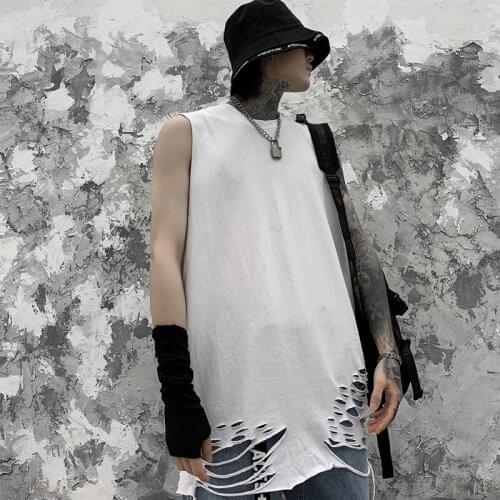 Summer Mens Sleeveless Loose T-shirt White Black Holes Irregular Casual Top N7