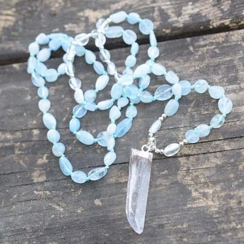 Natural Quartz Pendant Aquamarines Stone Nuggets Beads Knot Handmade Necklace