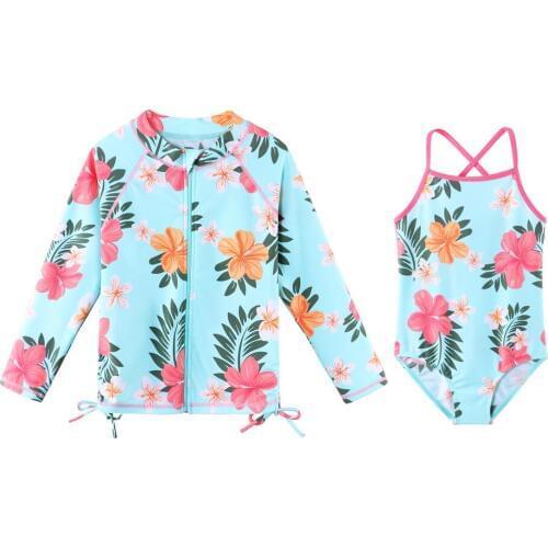 BAOHULU Summer Kids Swimsuit Two- Pieces UPF50+ UV Protection Tankini Set+ Swim Coat Print Girls Bikini Set Bathing Suits