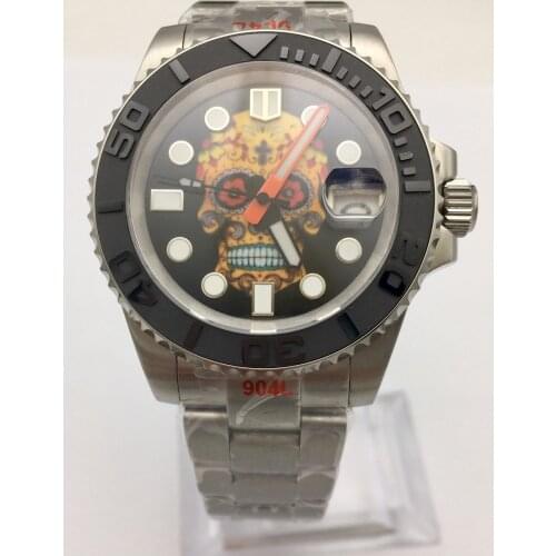 40mm Fashion Skull Dial Luminous Japanese NH35 Movement Watch Sapphire Glass Automatic Mens Watch Transparent Back Cover