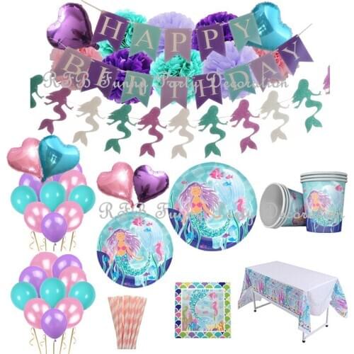 Mermaid Party Supplies Set&Decorations Happy Birthday Banner Disposable Tableware Paper Plates Napkins Cups Straws Tablecloth