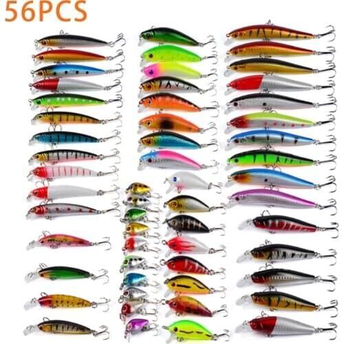 56pcs/pack Mixed Fishing Lure Bait Set Wobbler Crankbaits Swimbait Minnow Hard Baits Spiners Carp Artificial Fishing Tackle
