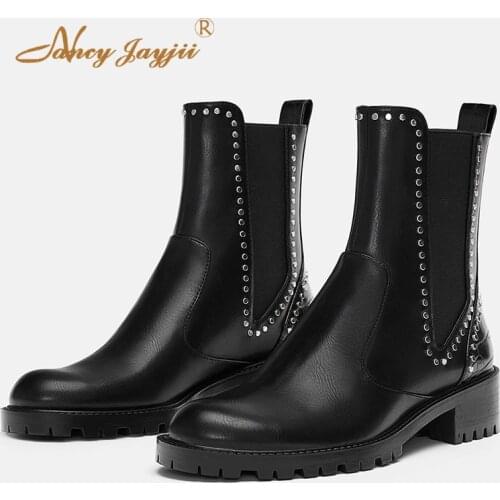 Female Shoes Adult Ladies Chelsea Boots Black Solid Rivet Ankle Slip-On Pointed Toe High Square heels Spring/Autumn Fashion 2021