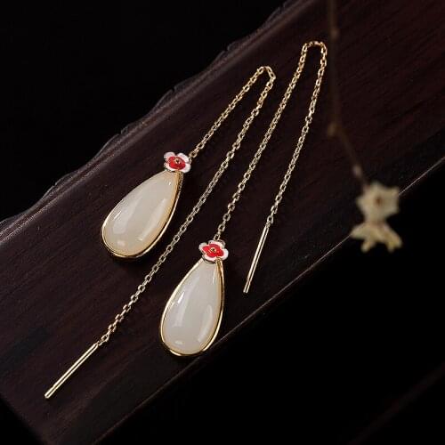 Natural 925 sterling silver gilded inlaid hetian jade white jade flower retro earrings jewelry simple individuality for women
