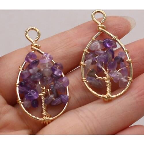 Natural Stone Gemstone Drop-shaped Gold Wire Amethyst Tree Pendant DIY Charm Necklace Earrings Jewelry Accessories Gift Making